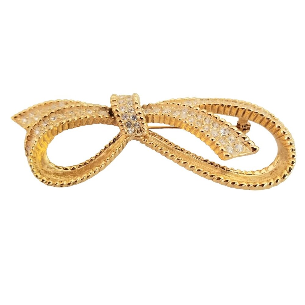 Gold Tone Clear Rhinestone Ribbed Bow Brooch Numbered, M443